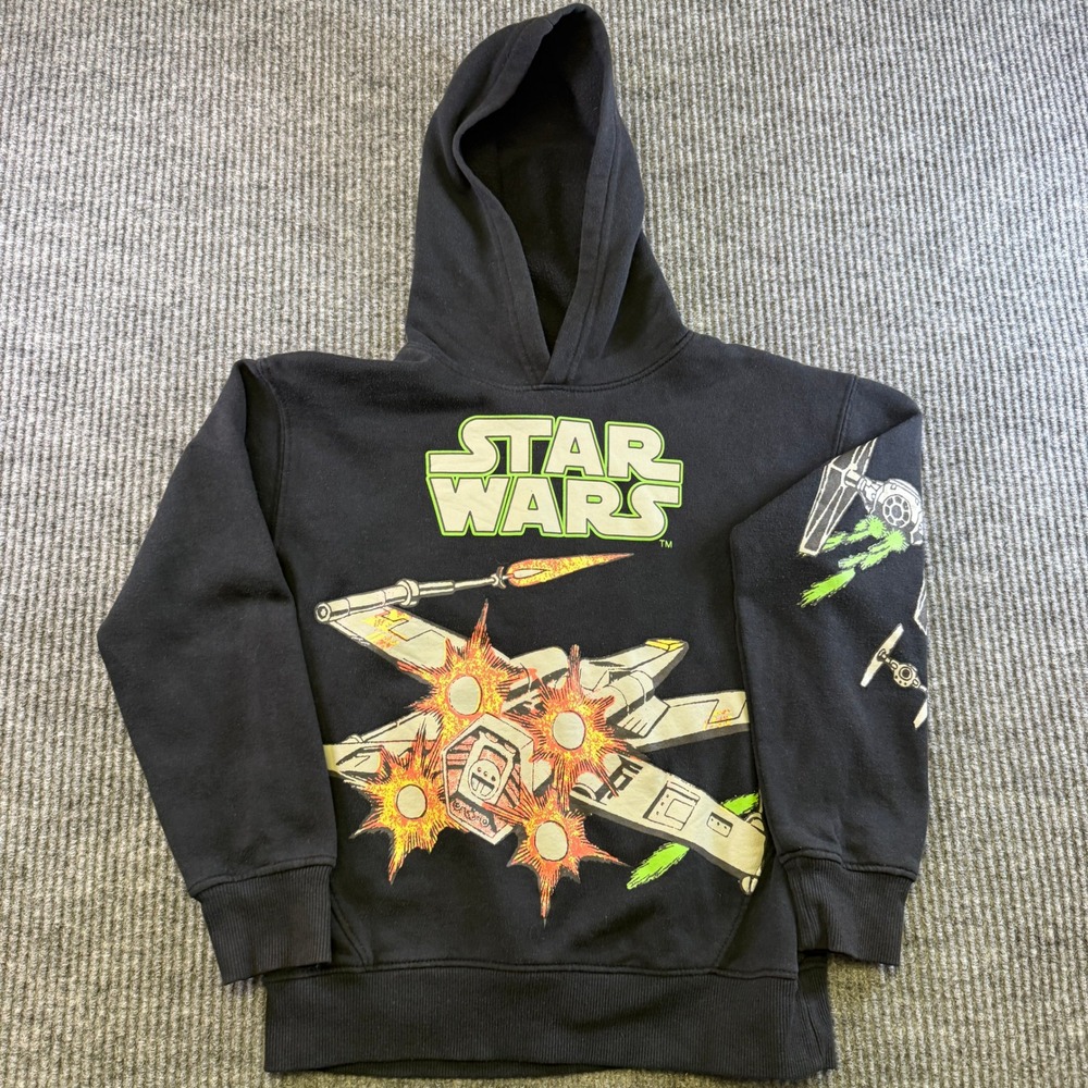 Star Wars Disney 100 Kids Black Hoodie X-Wing TIE Fighter‎ Graphic Sweatshirt M